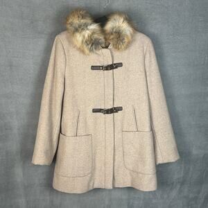Calvin Klein Coat Womens Large Tan Wool Faux Fur Hooded Lined Y2K Preppy Neutral